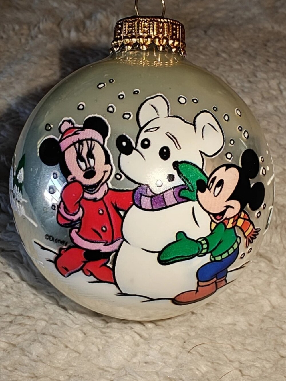Disney Mickey & Minnie Mouse Building Snowman Silver Christmas Ornament 2.5"